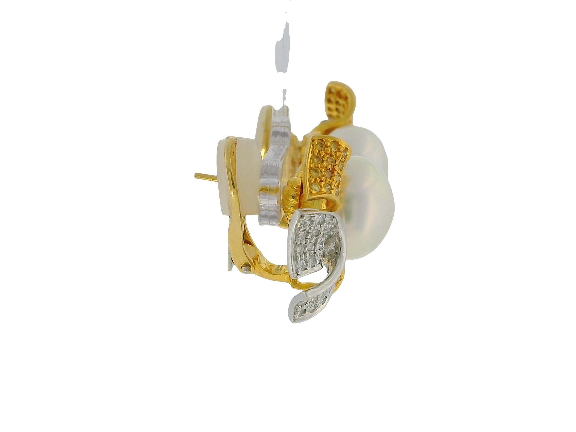 18K Yellow Gold Button Pearl with Four Pave White &  Yellow Diamond Earrings