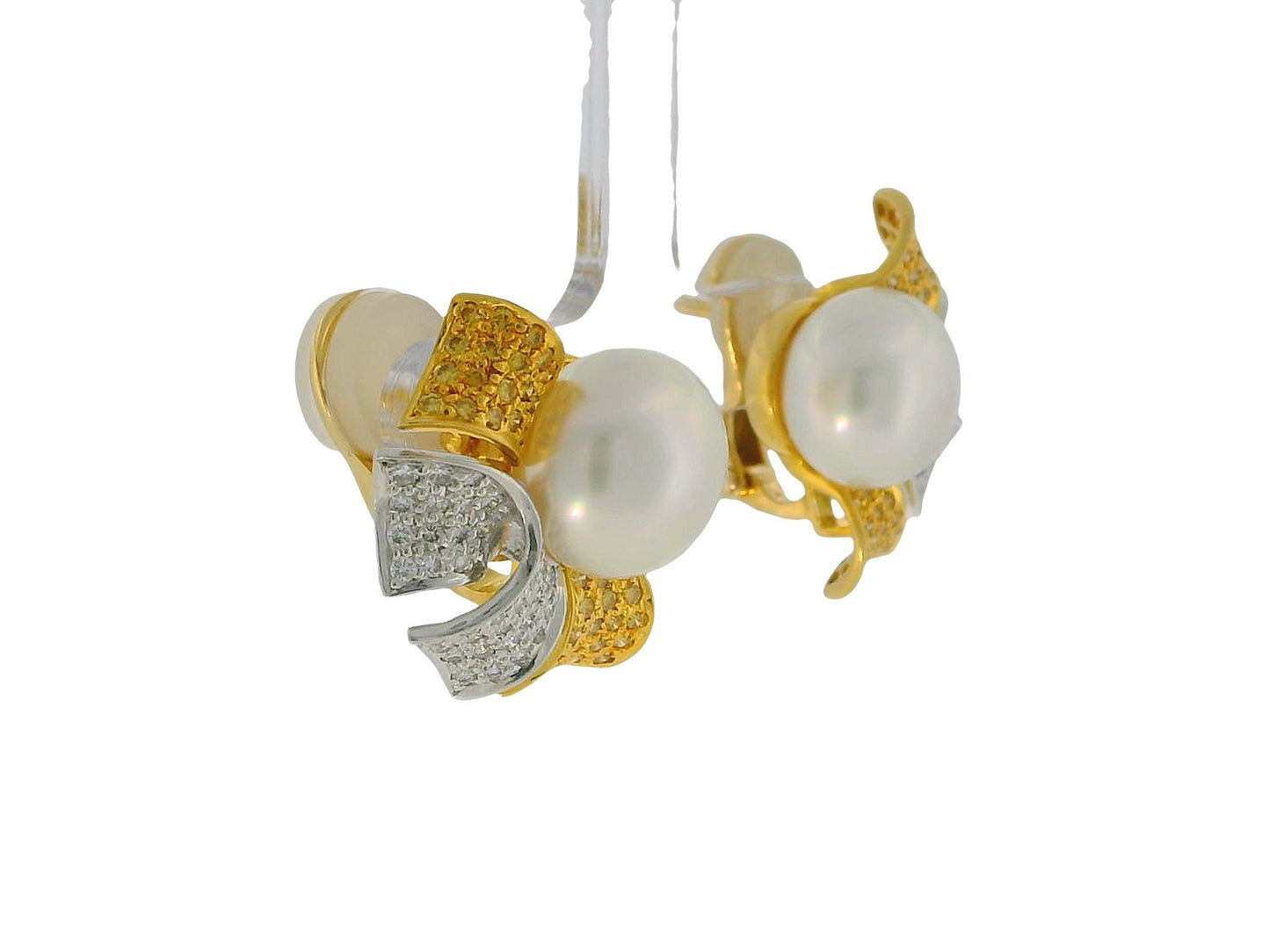 18K Yellow Gold Button Pearl with Four Pave White &  Yellow Diamond Earrings