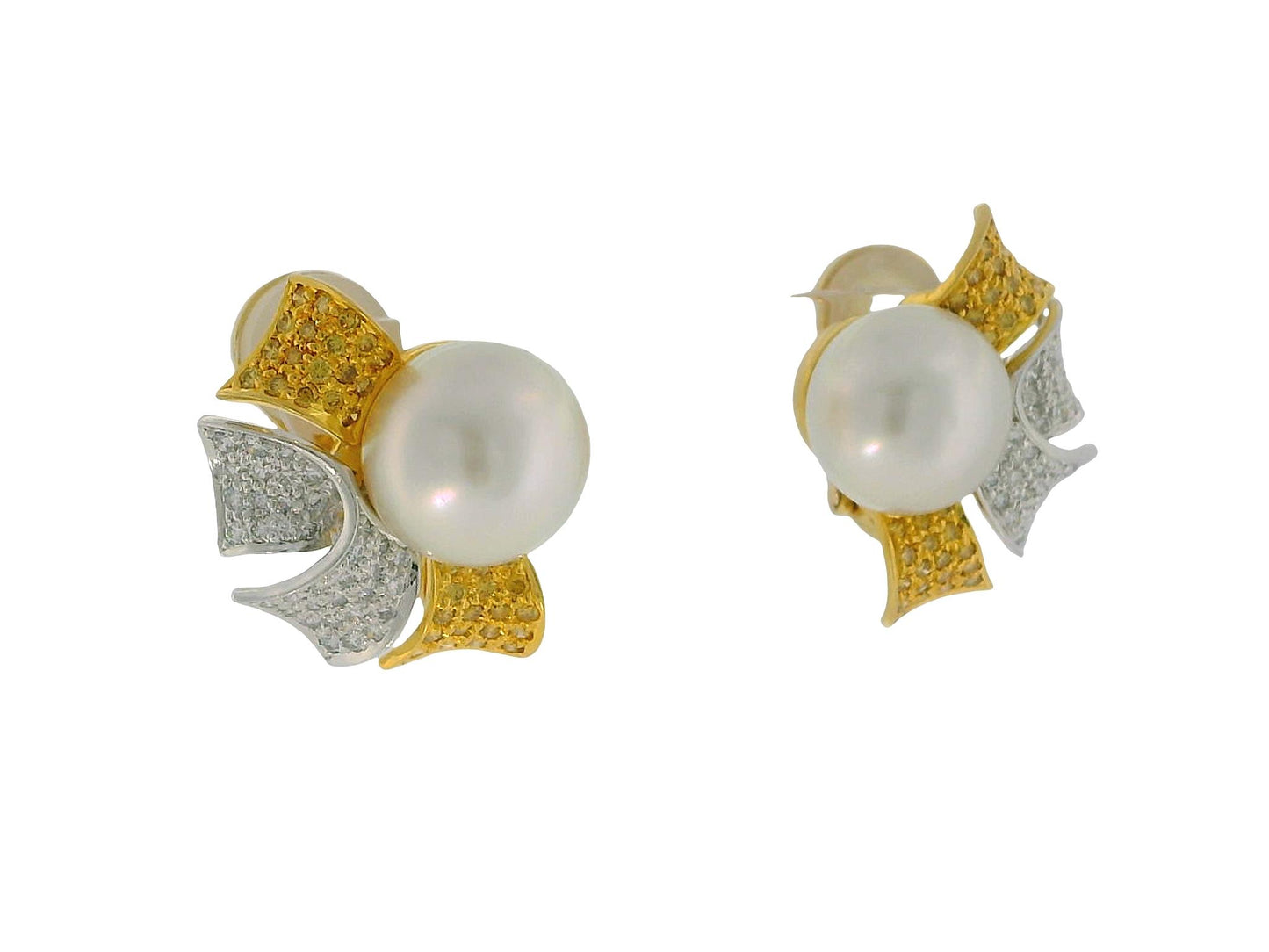 18K Yellow Gold Button Pearl with Four Pave White &  Yellow Diamond Earrings