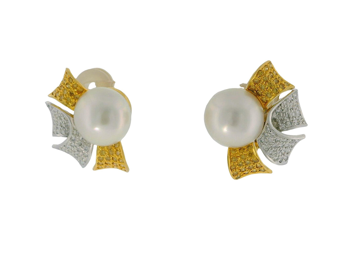 18K Yellow Gold Button Pearl with Four Pave White &  Yellow Diamond Earrings