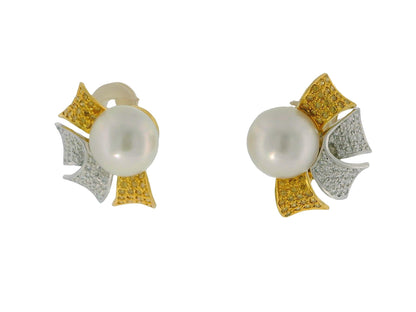 18K Yellow Gold Button Pearl with Four Pave White &  Yellow Diamond Earrings