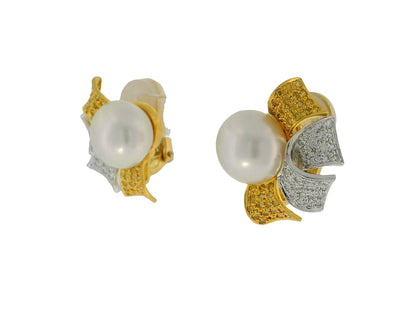 18K Yellow Gold Button Pearl with Four Pave White &  Yellow Diamond Earrings