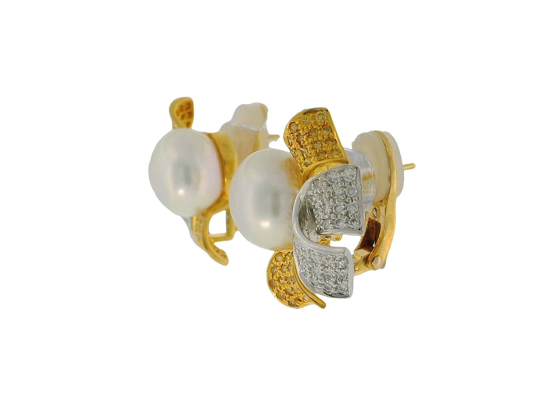 18K Yellow Gold Button Pearl with Four Pave White &  Yellow Diamond Earrings
