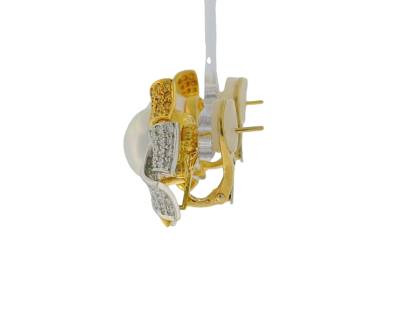 18K Yellow Gold Button Pearl with Four Pave White &  Yellow Diamond Earrings
