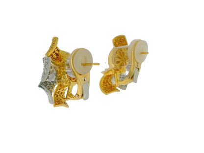 18K Yellow Gold Button Pearl with Four Pave White &  Yellow Diamond Earrings