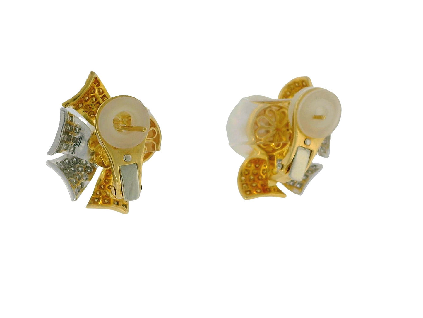 18K Yellow Gold Button Pearl with Four Pave White &  Yellow Diamond Earrings