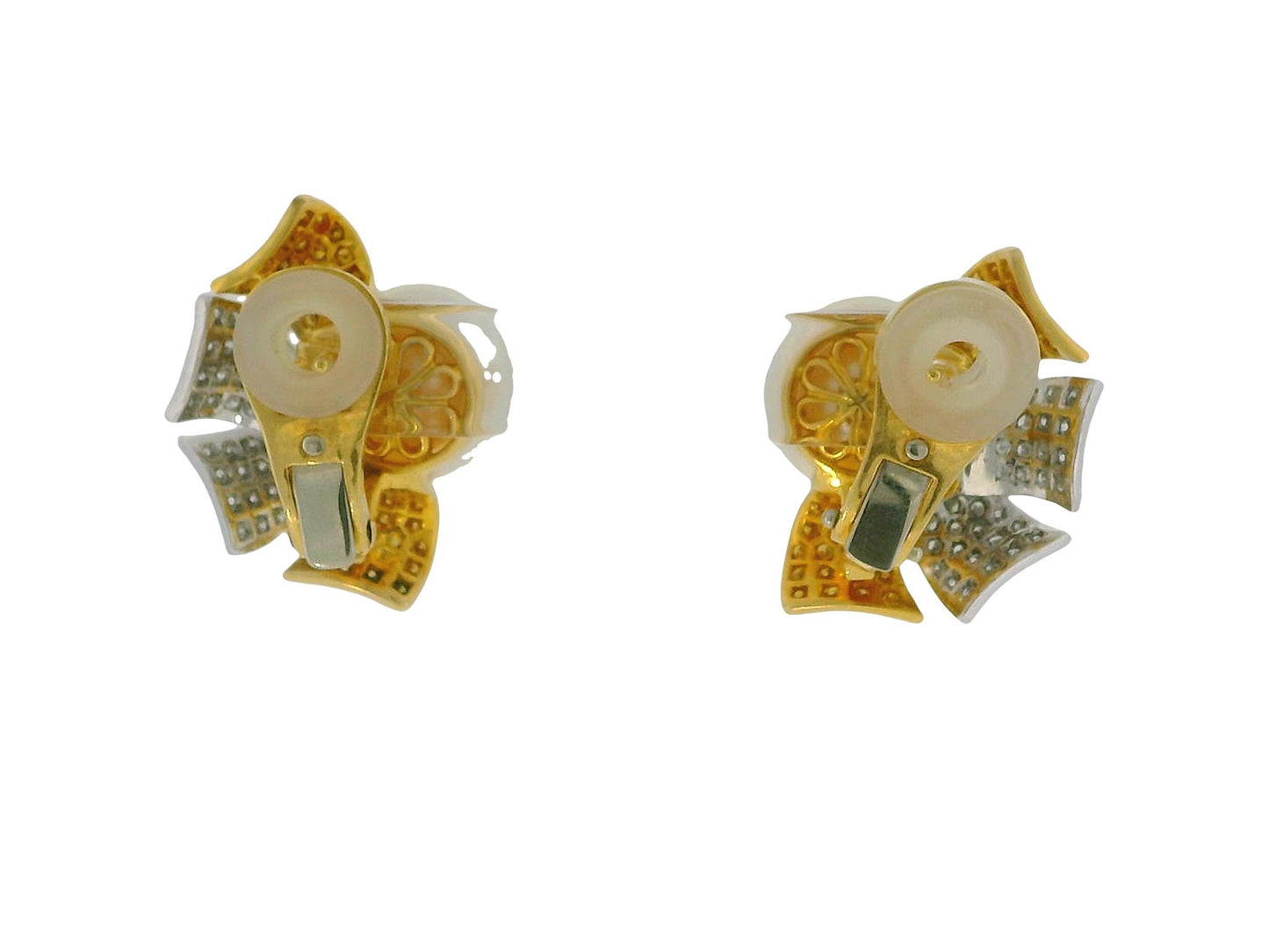 18K Yellow Gold Button Pearl with Four Pave White &  Yellow Diamond Earrings