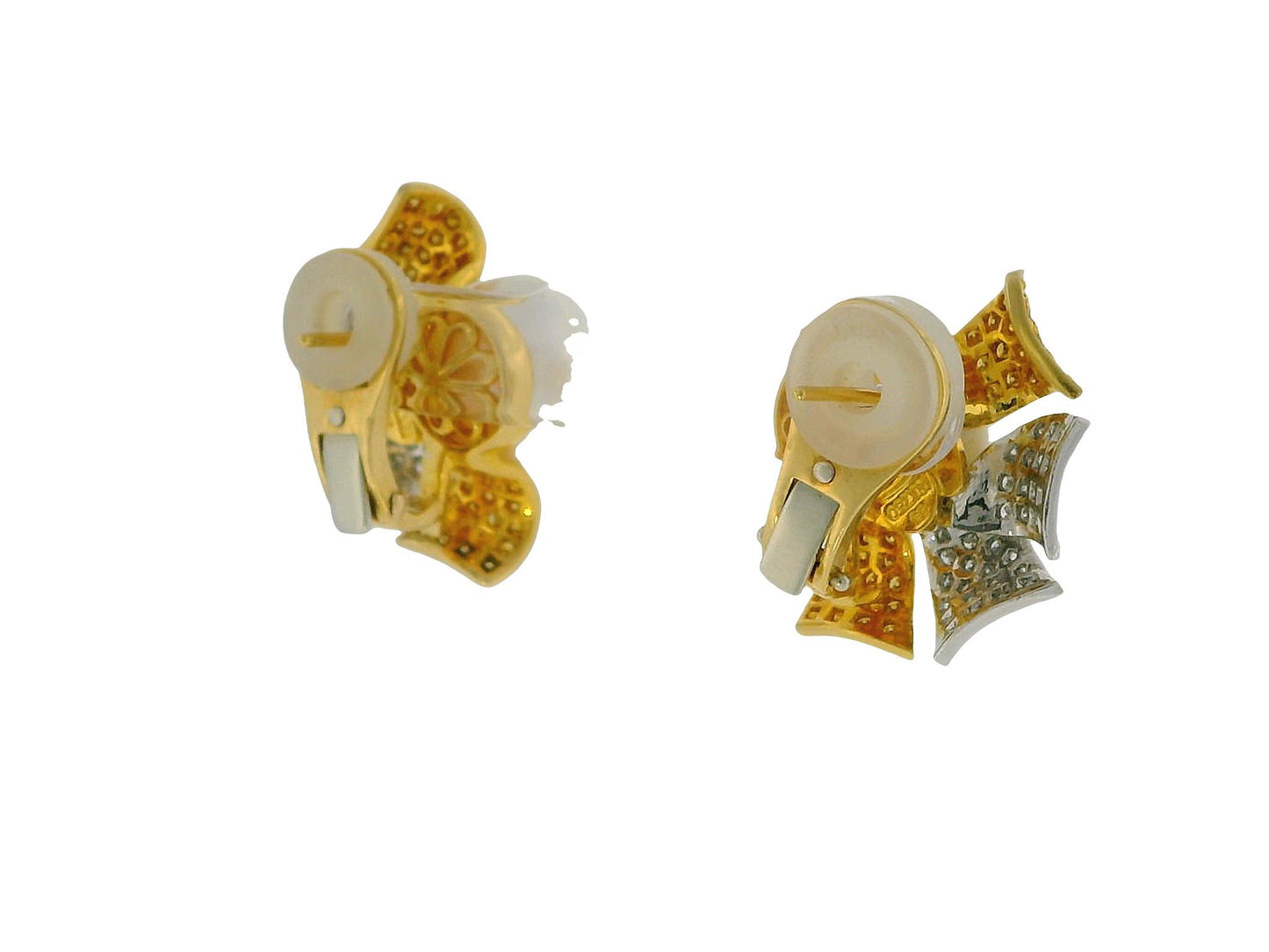 18K Yellow Gold Button Pearl with Four Pave White &  Yellow Diamond Earrings
