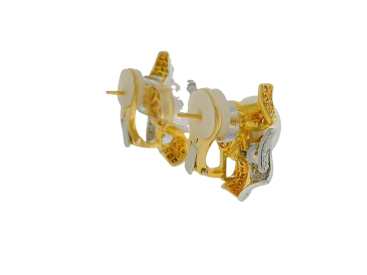 18K Yellow Gold Button Pearl with Four Pave White &  Yellow Diamond Earrings