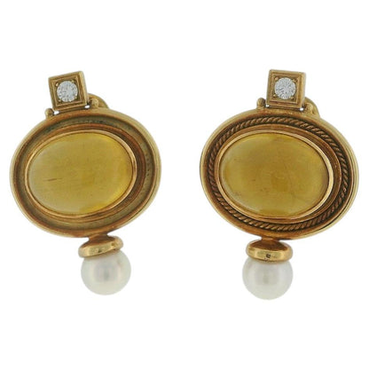 Elizabeth Gage Oval Cabochon Topaz 18k Gold pearl & Diamond Clip-On Earrings
