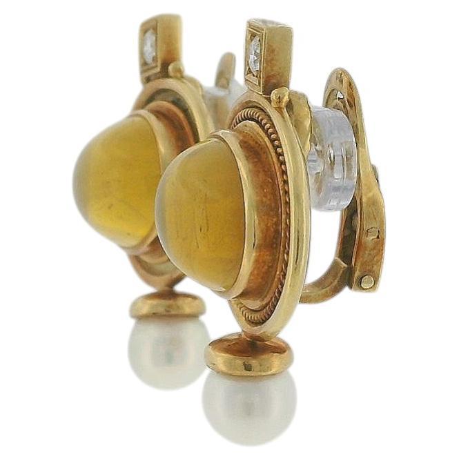Elizabeth Gage Oval Cabochon Topaz 18k Gold pearl & Diamond Clip-On Earrings