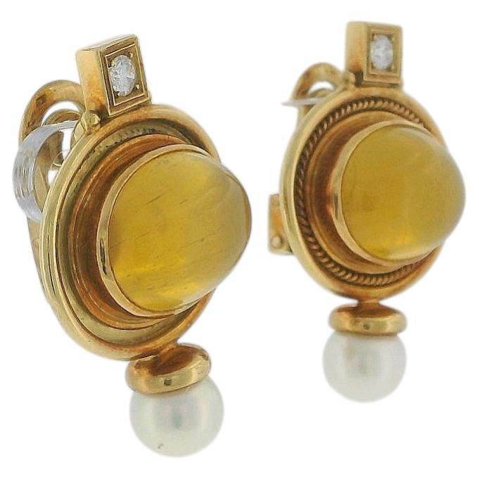 Elizabeth Gage Oval Cabochon Topaz 18k Gold pearl & Diamond Clip-On Earrings