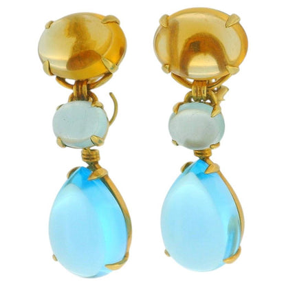 Vintage 18K Yellow Gold Citrine,Aquamarine,and Blue Topaz Cabochon Drop Earrings