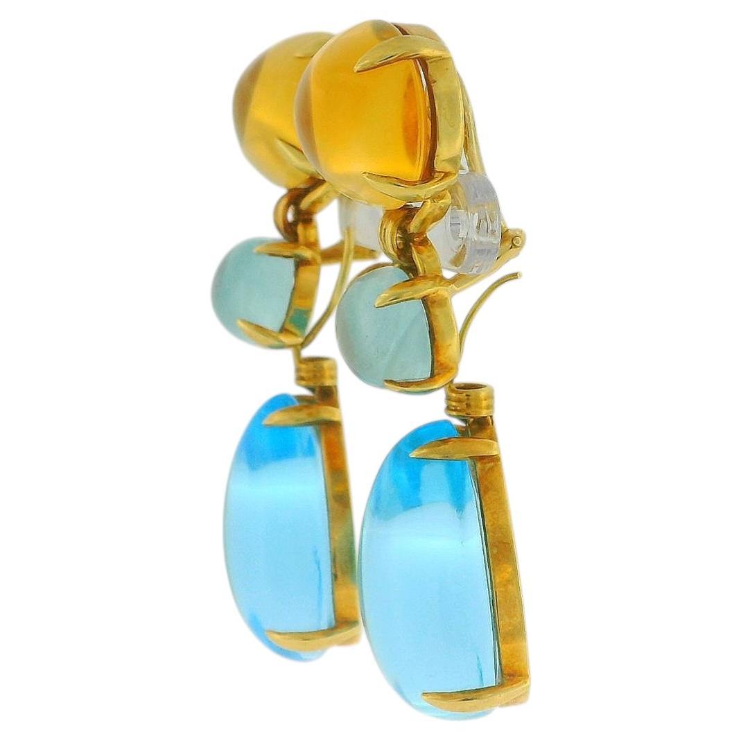 Vintage 18K Yellow Gold Citrine,Aquamarine,and Blue Topaz Cabochon Drop Earrings