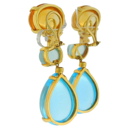 Vintage 18K Yellow Gold Citrine,Aquamarine,and Blue Topaz Cabochon Drop Earrings