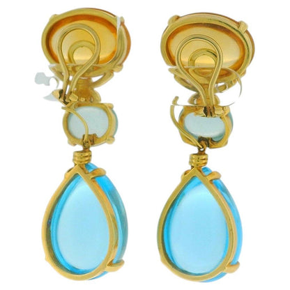 Vintage 18K Yellow Gold Citrine,Aquamarine,and Blue Topaz Cabochon Drop Earrings
