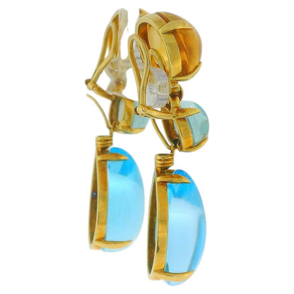 Vintage 18K Yellow Gold Citrine,Aquamarine,and Blue Topaz Cabochon Drop Earrings