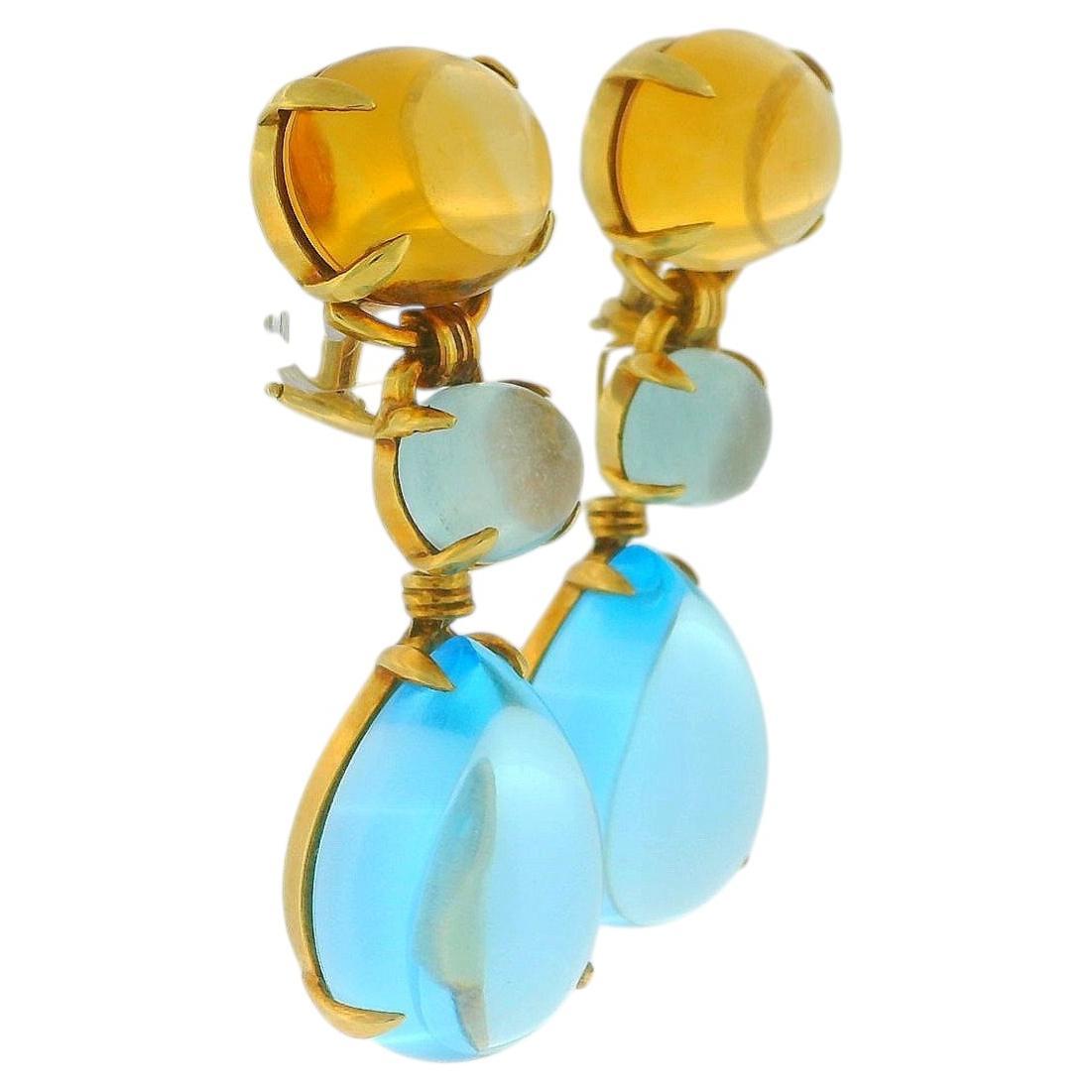 Vintage 18K Yellow Gold Citrine,Aquamarine,and Blue Topaz Cabochon Drop Earrings