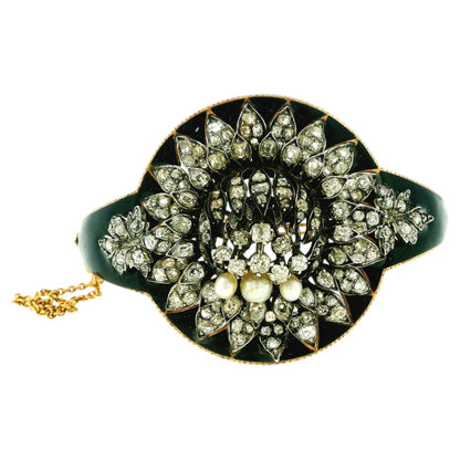18K Gold Enamel Floral Diamond French Bracelet with Pearls