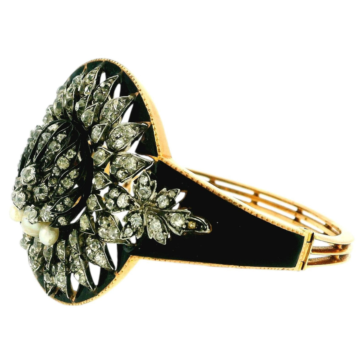 18K Gold Enamel Floral Diamond French Bracelet with Pearls