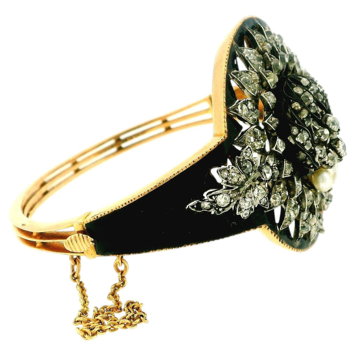 18K Gold Enamel Floral Diamond French Bracelet with Pearls