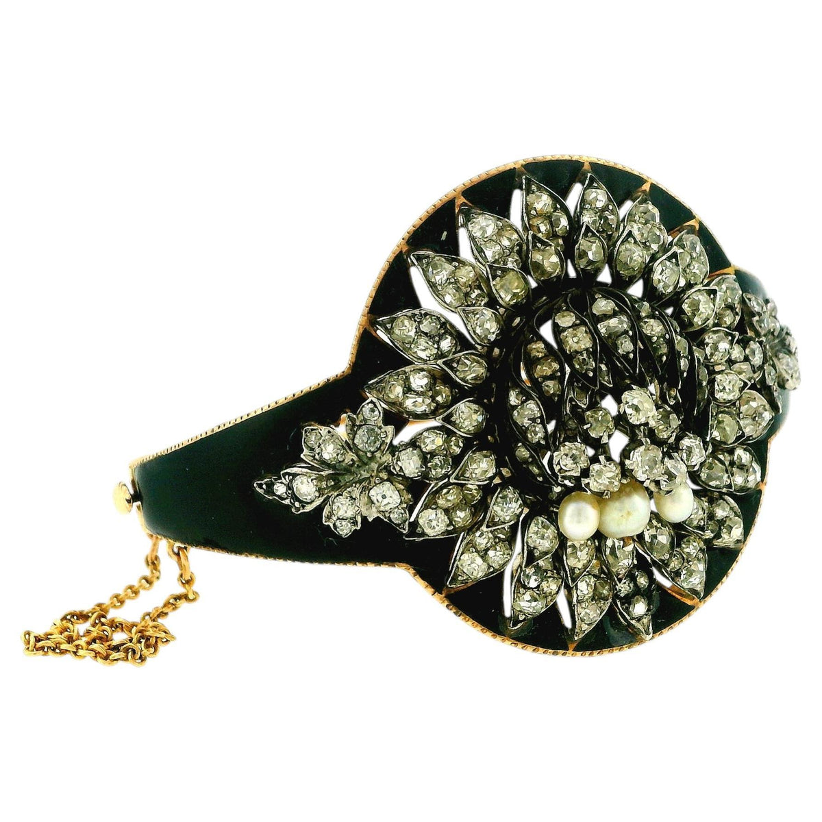 18K Gold Enamel Floral Diamond French Bracelet with Pearls