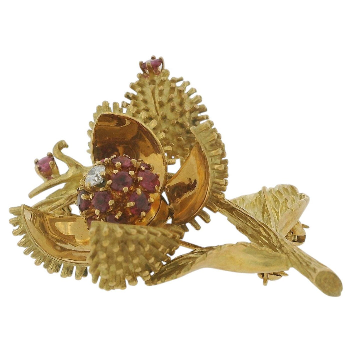 Tiffany & Co. 18K Yellow Gold, Ruby and Diamond Flower Brooch Double Pin Back
