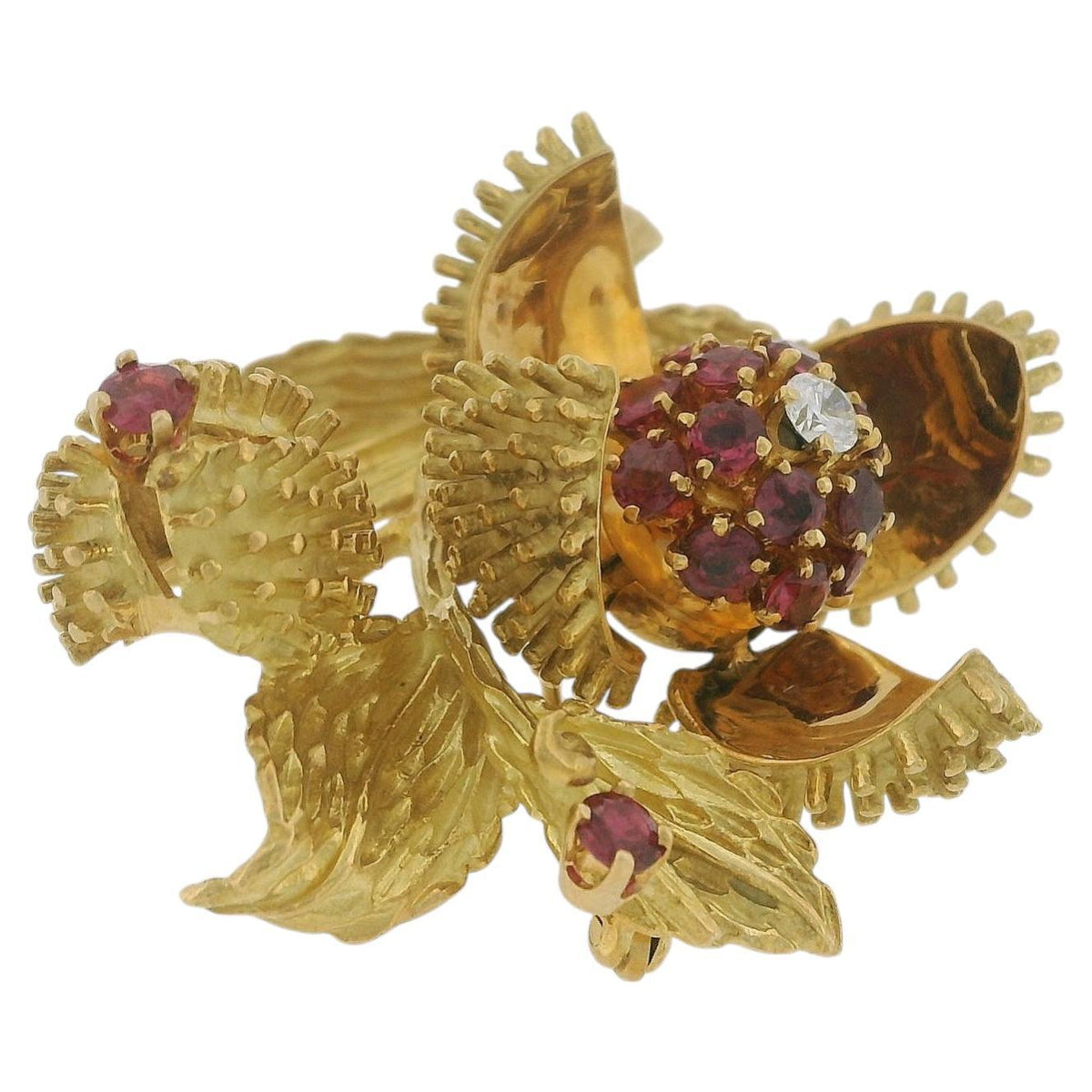 Tiffany & Co. 18K Yellow Gold, Ruby and Diamond Flower Brooch Double Pin Back
