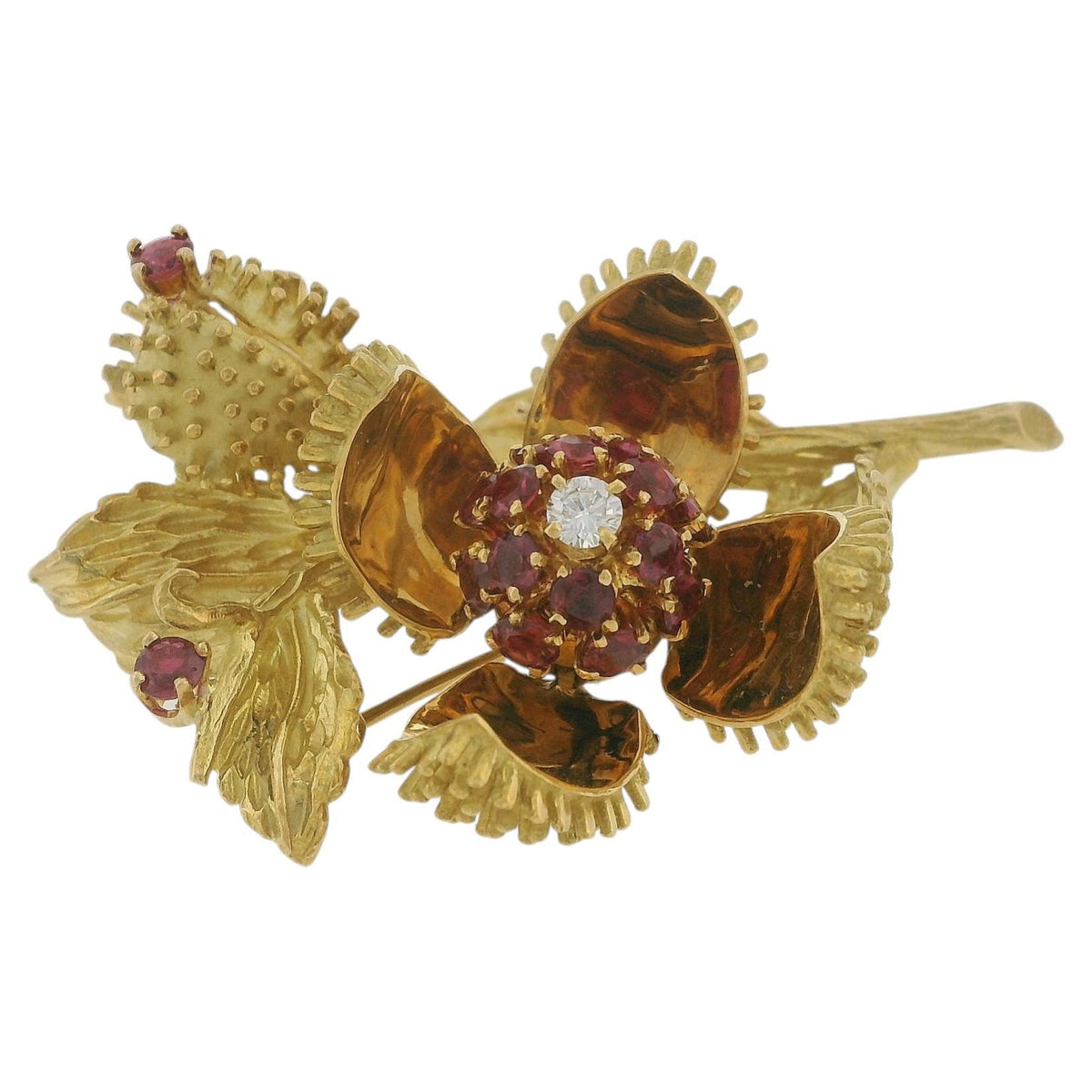 Tiffany & Co. 18K Yellow Gold, Ruby and Diamond Flower Brooch Double Pin Back