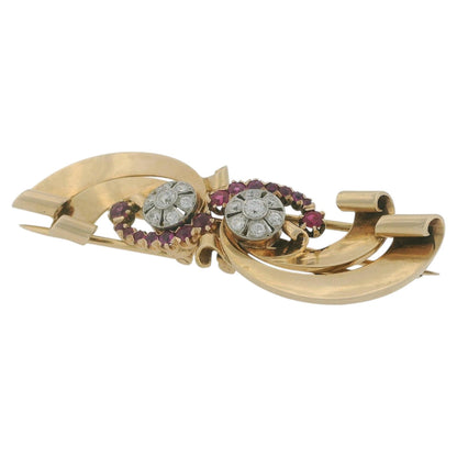 Retro 14K Gold Double Clip Ruby Swirl Around 2 Diamond Rosettes Brooch