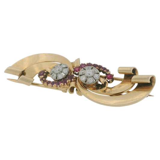 Retro 14K Gold Double Clip Ruby Swirl Around 2 Diamond Rosettes Brooch