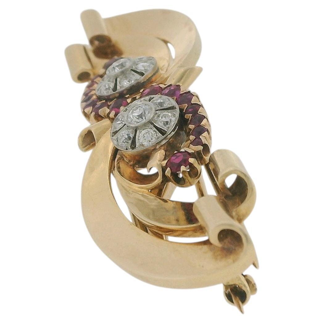 Retro 14K Gold Double Clip Ruby Swirl Around 2 Diamond Rosettes Brooch