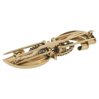 Retro 14K Gold Double Clip Ruby Swirl Around 2 Diamond Rosettes Brooch