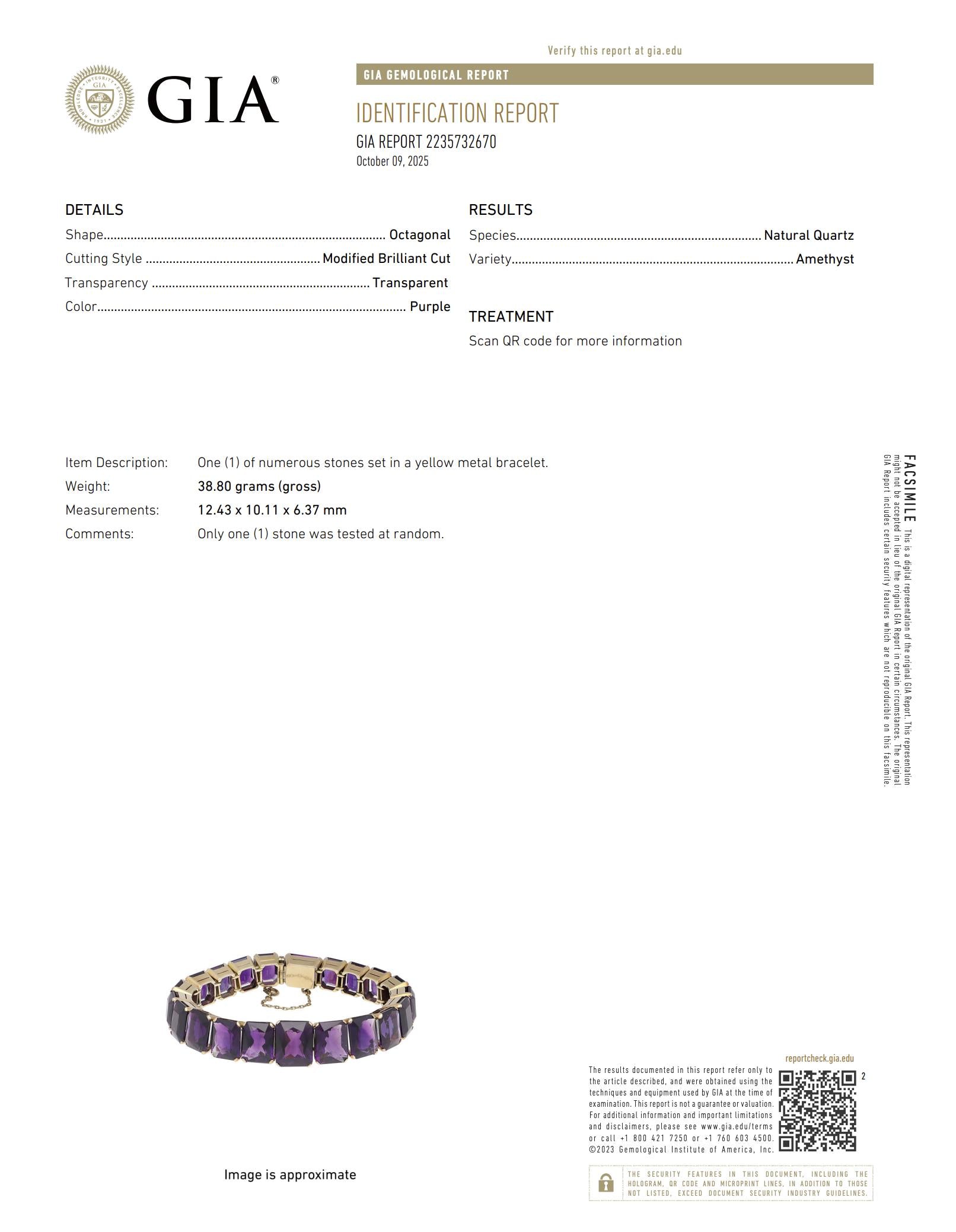 14K Yellow Gold & Tapered Emerald Cut Amethyst Line Bracelet W/GIA Certificate