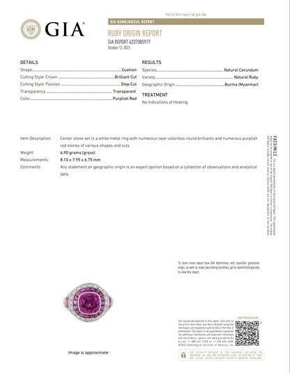 4.57 Carat Cushion Ruby, Diamonds and Halfmoon Rubies Side GIA Certified Ring