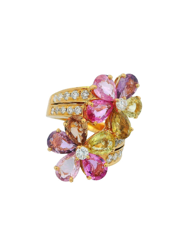 Bulgari Sapphire Flower Large Ring in Yellow Gold with Diamonds and Sapphires