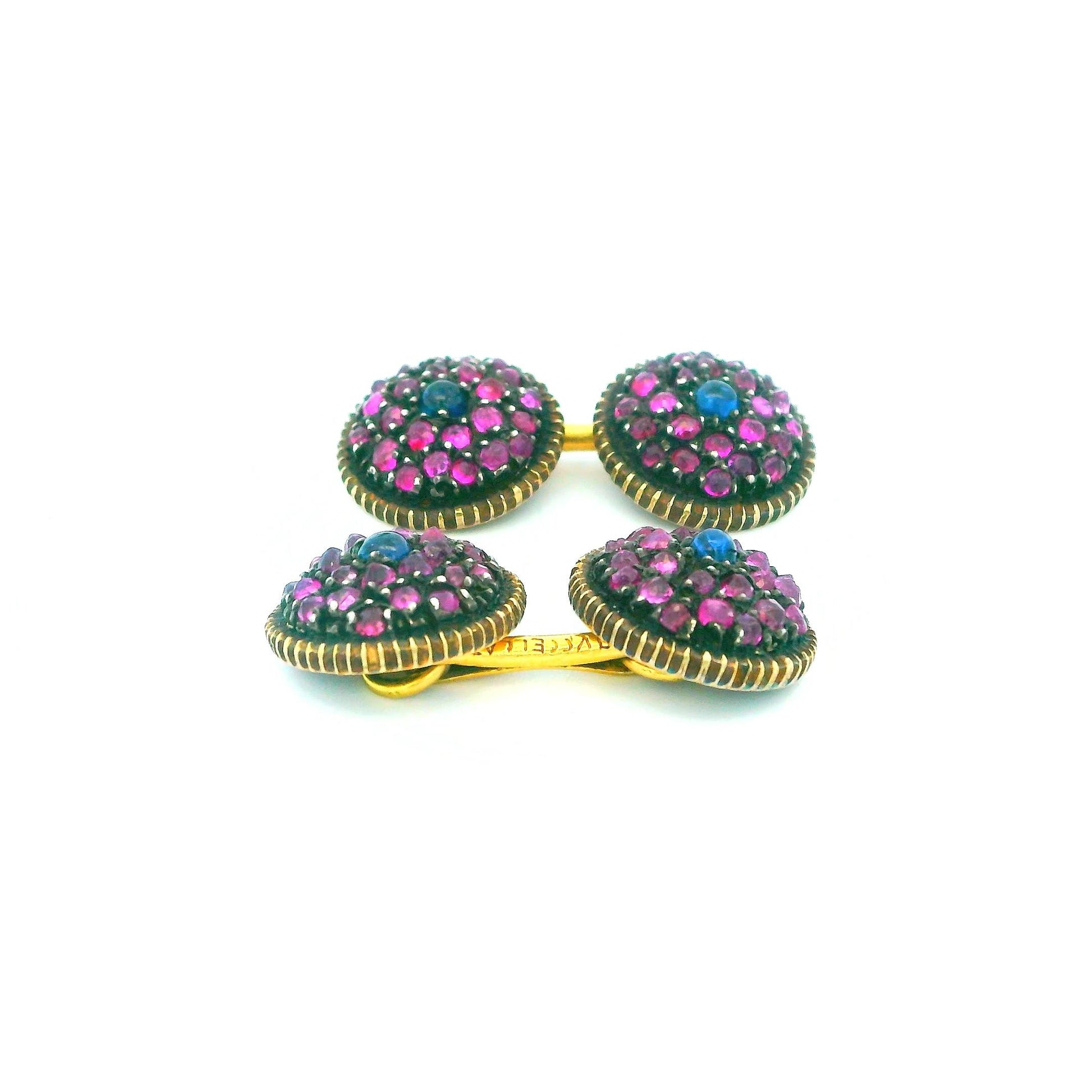 Buccellati 18k Gold & Silver Pave Pink & Center Blue Sapphire cufflinks