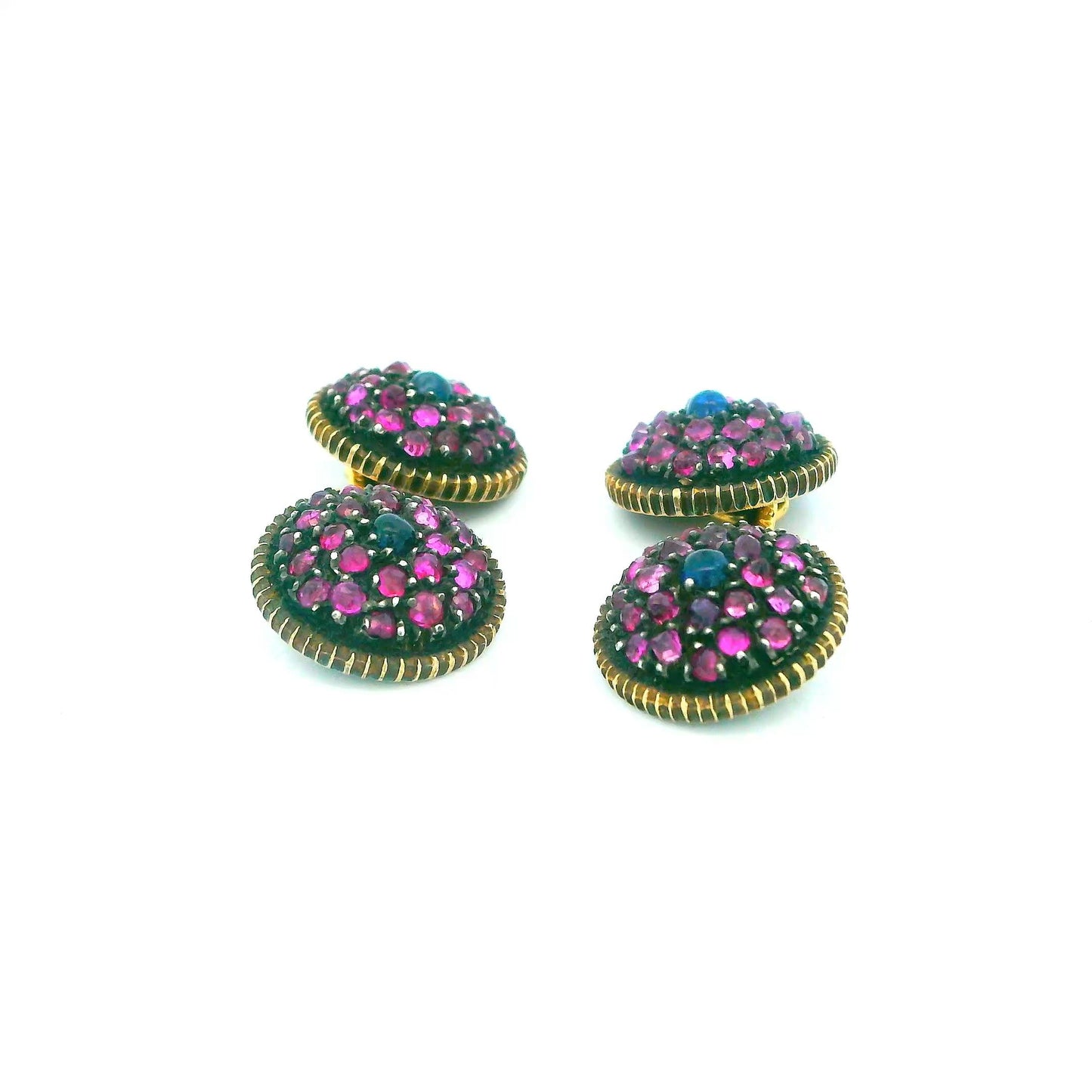 Buccellati 18k Gold & Silver Pave Pink & Center Blue Sapphire cufflinks