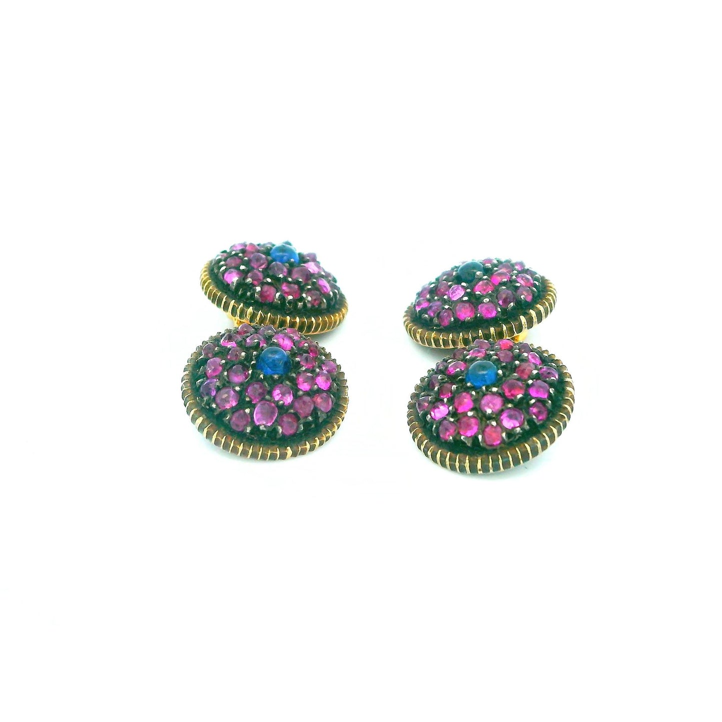 Buccellati 18k Gold & Silver Pave Pink & Center Blue Sapphire cufflinks