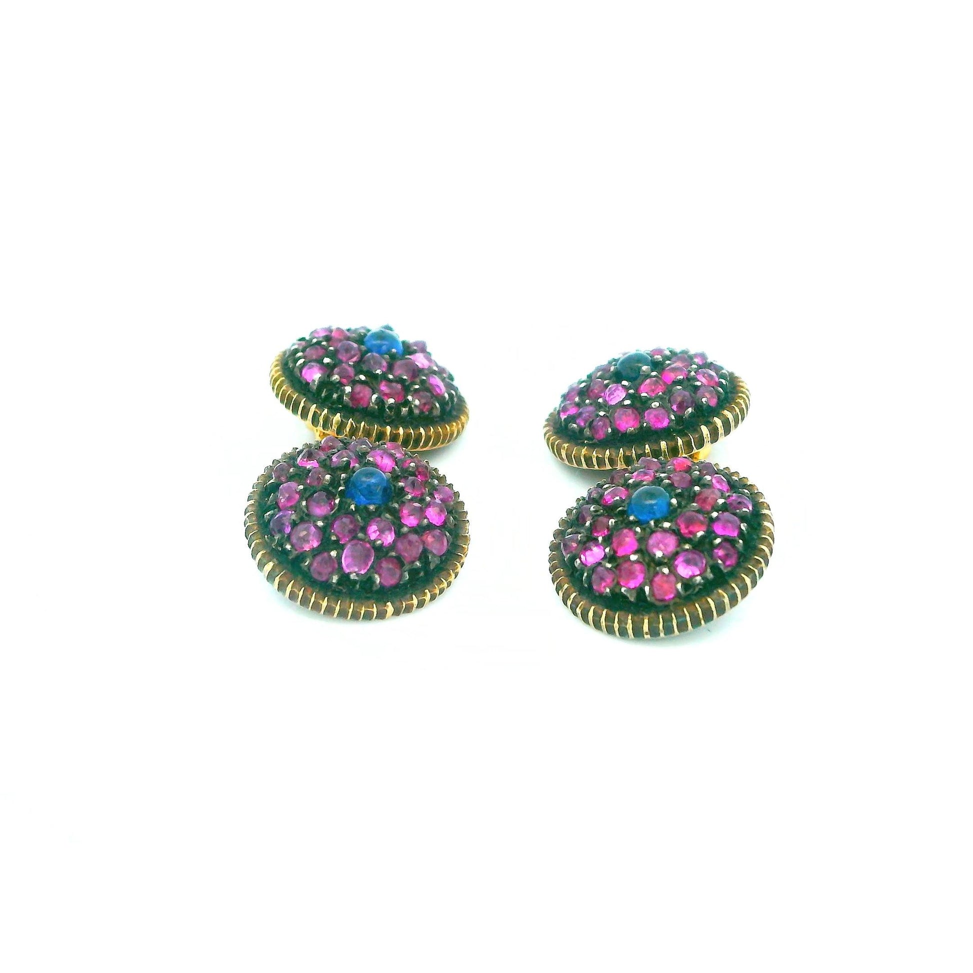 Buccellati 18k Gold & Silver Pave Pink & Center Blue Sapphire cufflinks