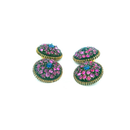 Buccellati 18k Gold & Silver Pave Pink & Center Blue Sapphire cufflinks