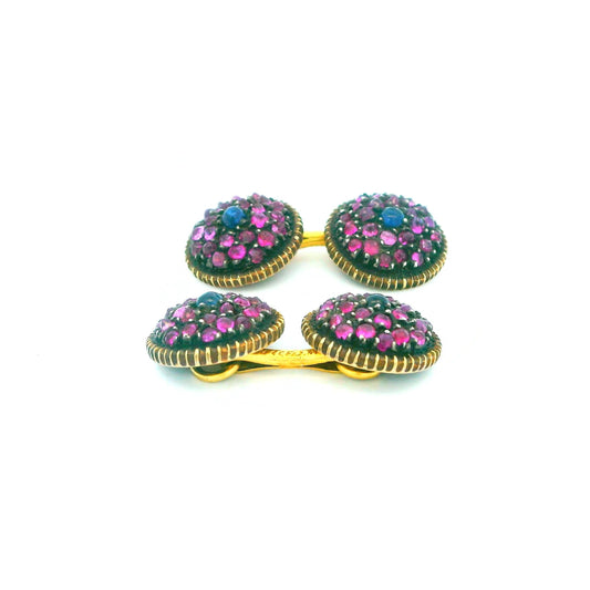 Buccellati 18k Gold & Silver Pave Pink & Center Blue Sapphire cufflinks