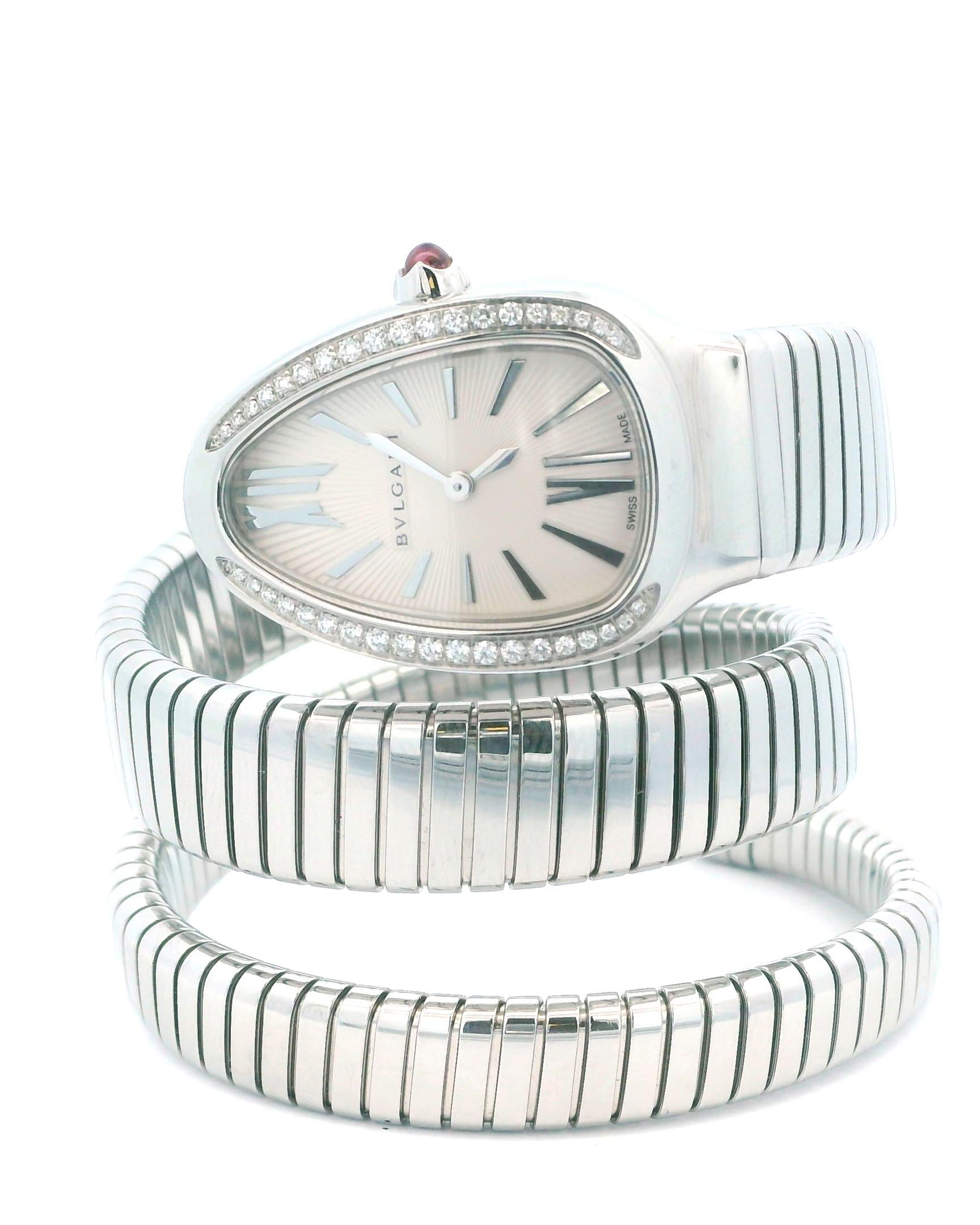 Bvlgari Serpenti Tubogas SP35S  Silver Dial & Diamond Bezel With Papers