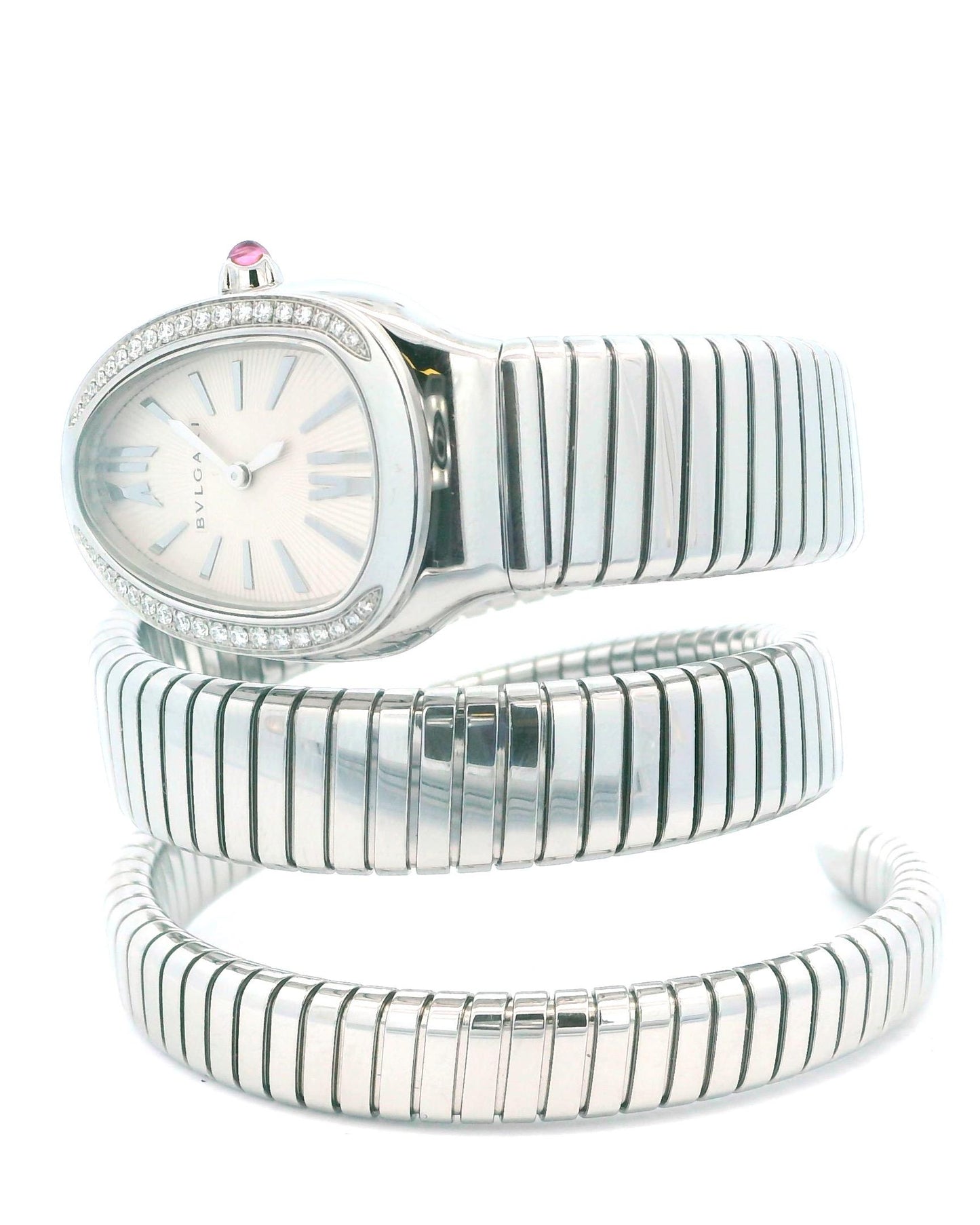 Bvlgari Serpenti Tubogas SP35S  Silver Dial & Diamond Bezel With Papers