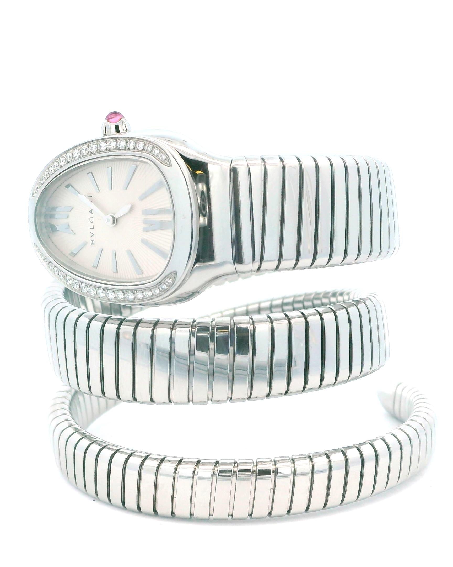 Bvlgari Serpenti Tubogas SP35S  Silver Dial & Diamond Bezel With Papers