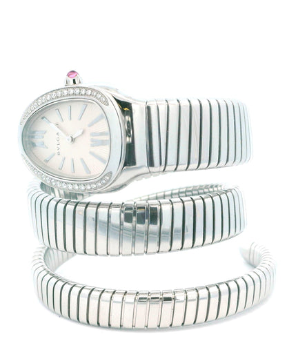 Bvlgari Serpenti Tubogas SP35S  Silver Dial & Diamond Bezel With Papers