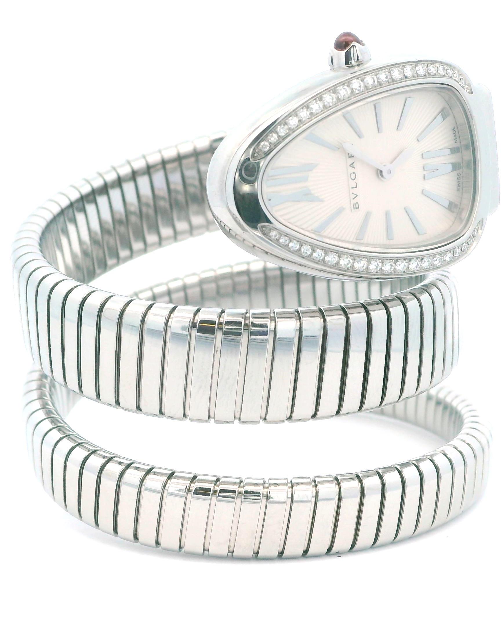 Bvlgari Serpenti Tubogas SP35S  Silver Dial & Diamond Bezel With Papers