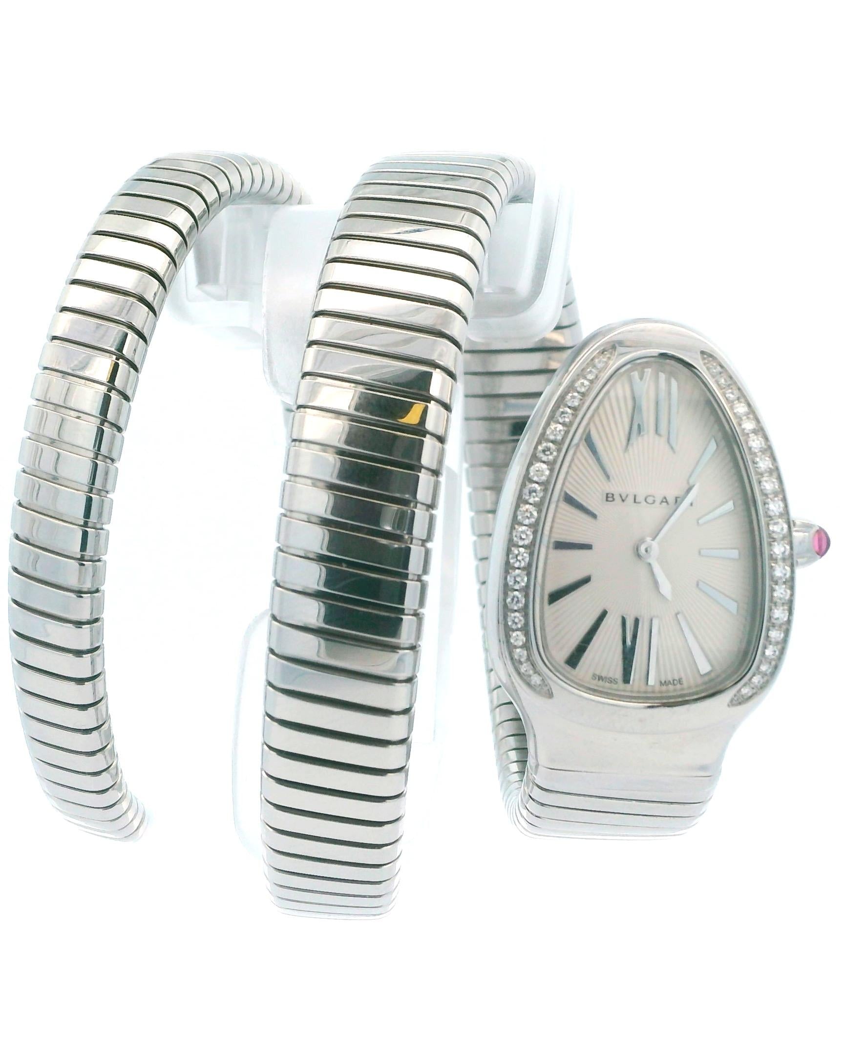 Bvlgari Serpenti Tubogas SP35S  Silver Dial & Diamond Bezel With Papers
