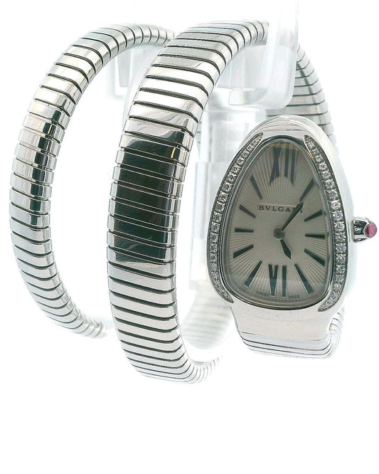 Bvlgari Serpenti Tubogas SP35S  Silver Dial & Diamond Bezel With Papers