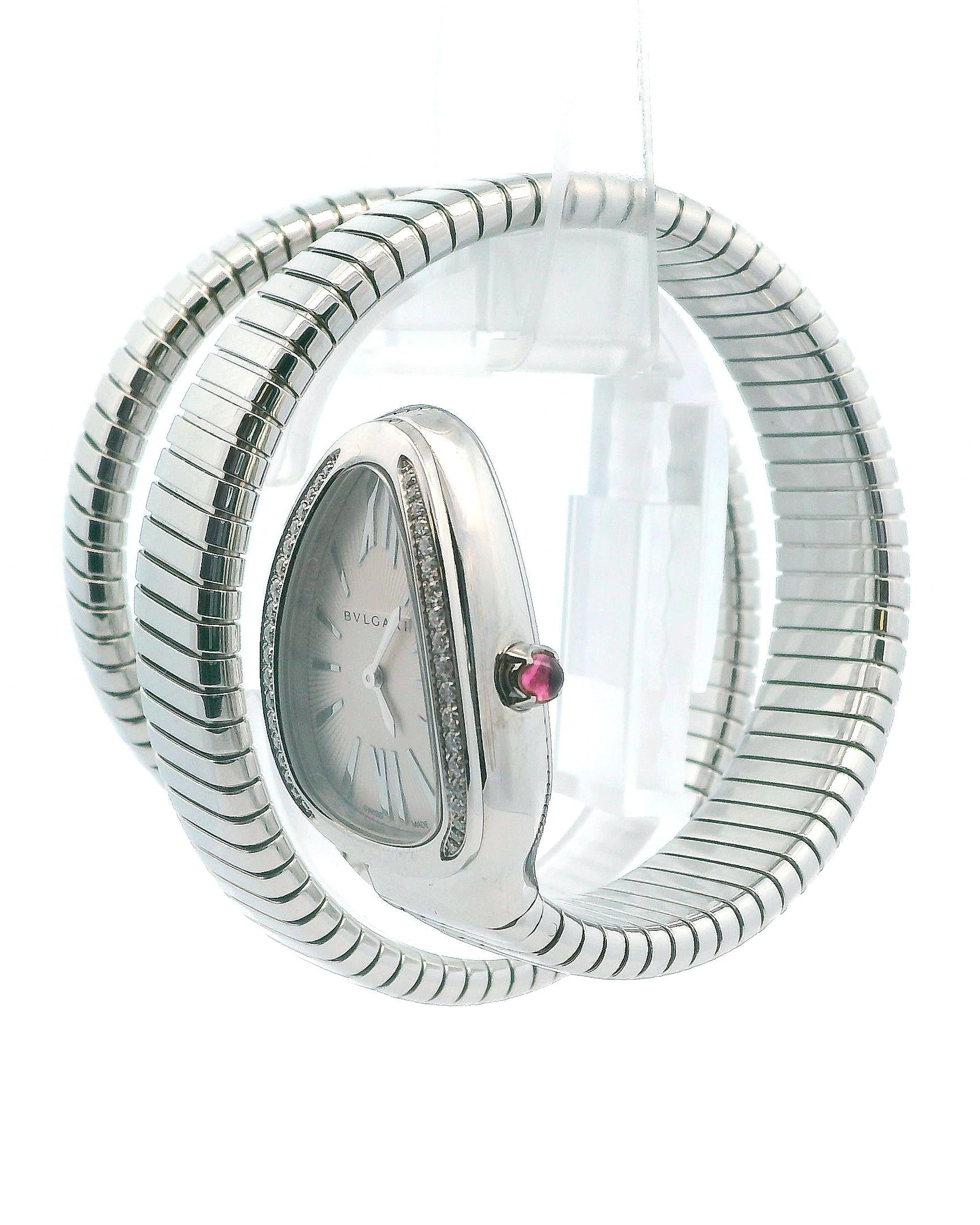 Bvlgari Serpenti Tubogas SP35S  Silver Dial & Diamond Bezel With Papers